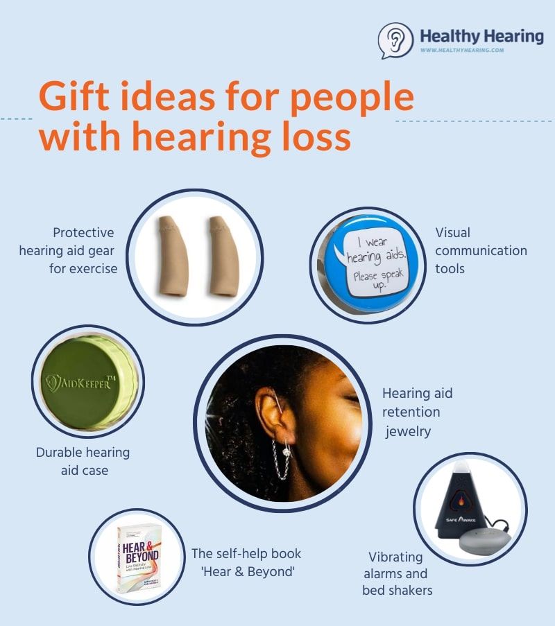 Gift ideas for hearing loss, like retention jewelry, waterproof cases, safety and alerting devices, and more. 