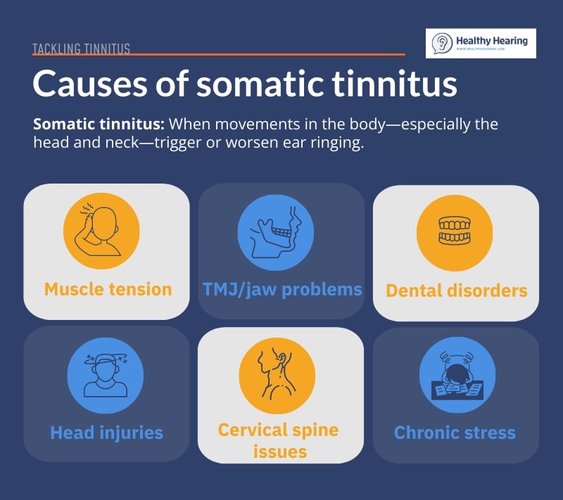 An infographic listing common causes of somatic tinnitus.