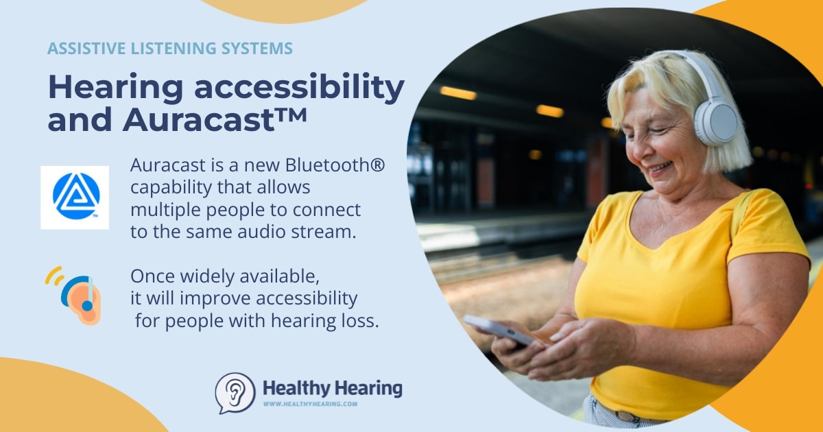 Infographic describing Auracast broadcast audio for hearing aids. 