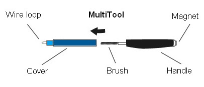 The hearing aid multi-tool has a wire loop, magnet and brush all in one. This is an important tool for hearing aid cleaning.