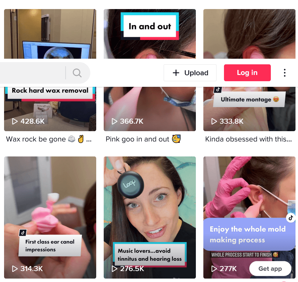 A screenshot of some of the videos on the Dr. Ear Wax page on TikTok