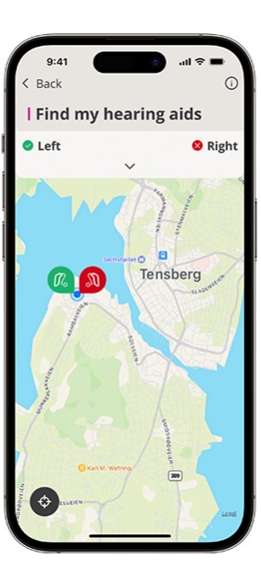 Screenshot of the Oticon Companion app find my hearing aids feature.