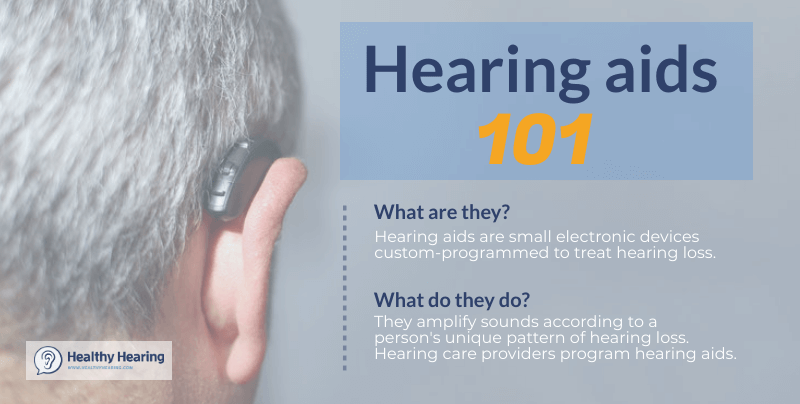 Infographic defining what a hearing aid is, with picture of man wearing a hearing aid.