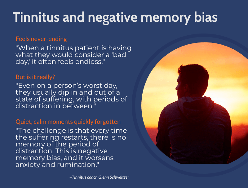 Description of what tinnitus negative memory bias and rumination is. Text-based.