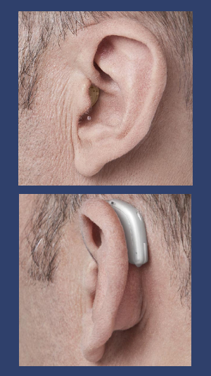 Images of in the ear and behind the ear hearing aids. 