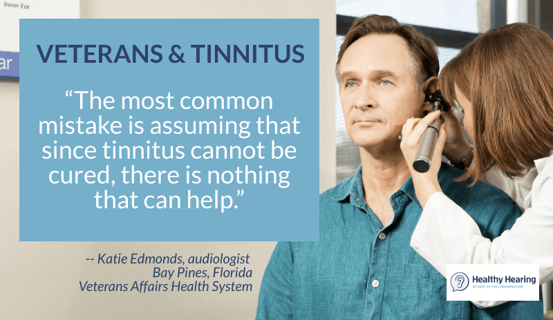 A man receives a hearing exam, with a quote about tinnitus and how it is treatable. 